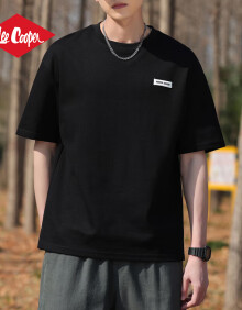 Lee Cooper短袖t恤男日系简约棉质体恤宽松潮流百搭美式休闲上衣服夏季 黑色 XL码
