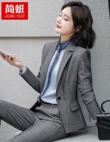 职业女装套装长袖格子西装套装2021春季新款时尚气质商务英伦风西服 灰格西装+灰格西裤 L