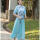 蓝色牡丹中袖长裙套装1961