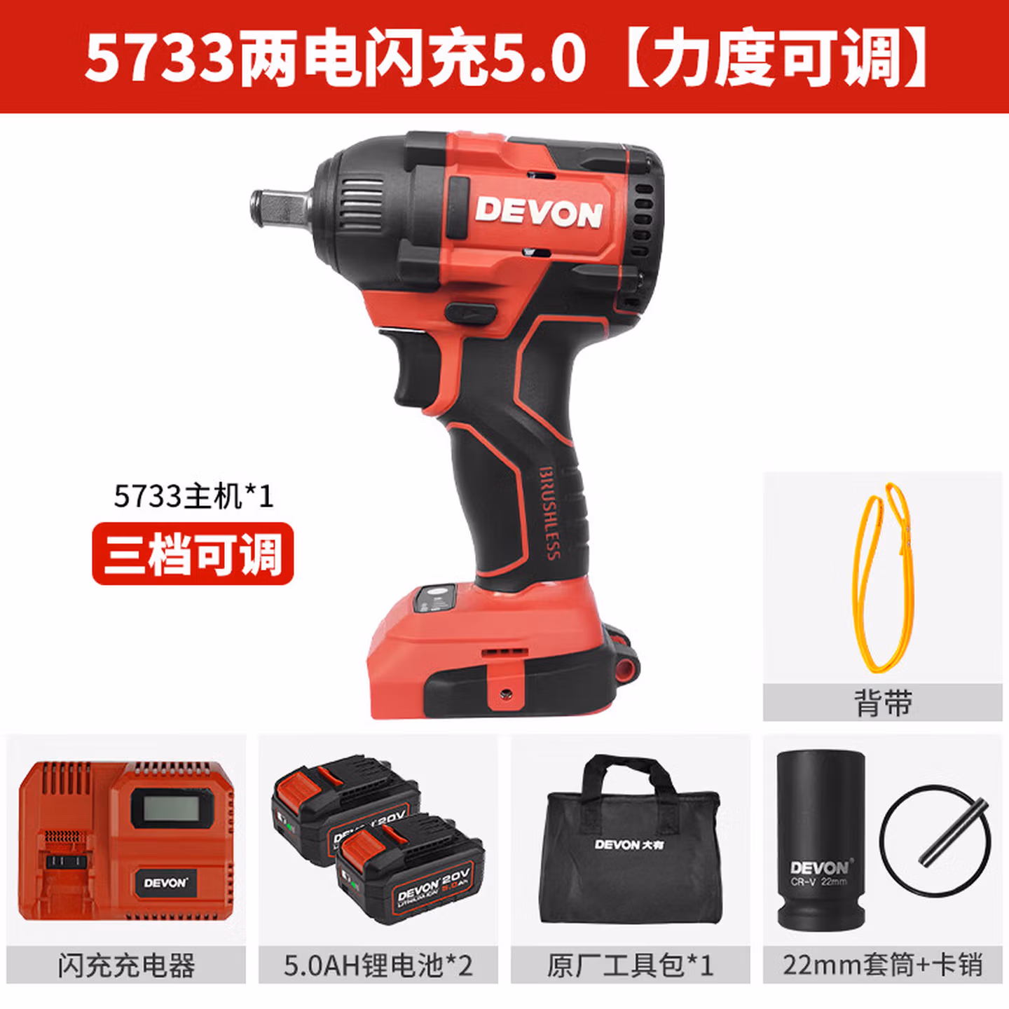 大有（Devon）20V无刷冲击扳手大扭矩工业级锂电动扳手风炮 5733双电5.