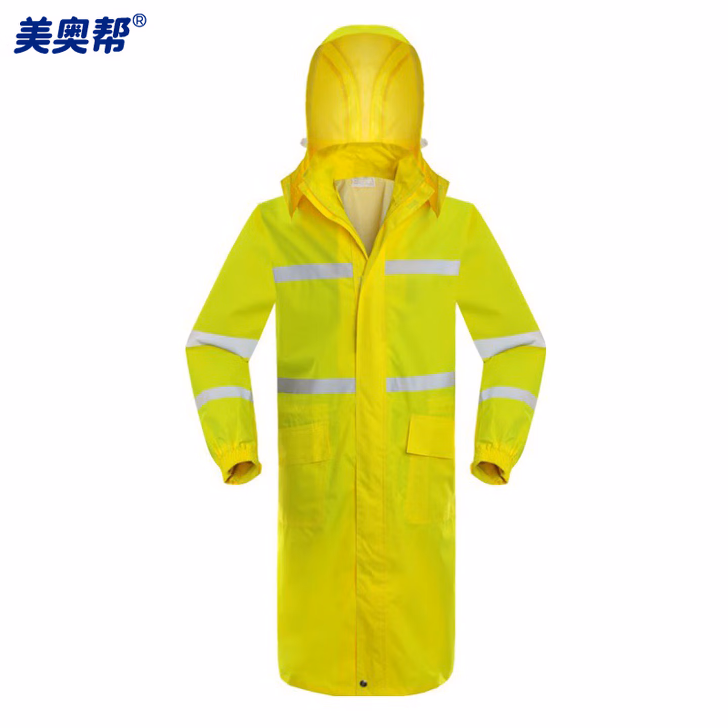 美奥帮 长款风衣式雨衣 劳保执勤雨衣雨披连体户外骑行雨衣 荧光黄反光雨衣 XXL