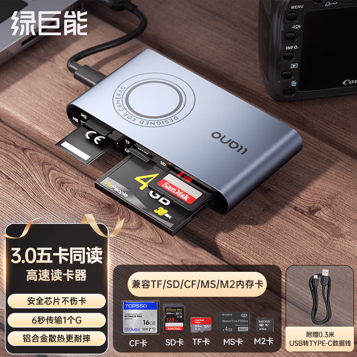 绿巨能USB3.0/Type-C读卡器 多功能五合一多卡同读 支持SD/TF/C