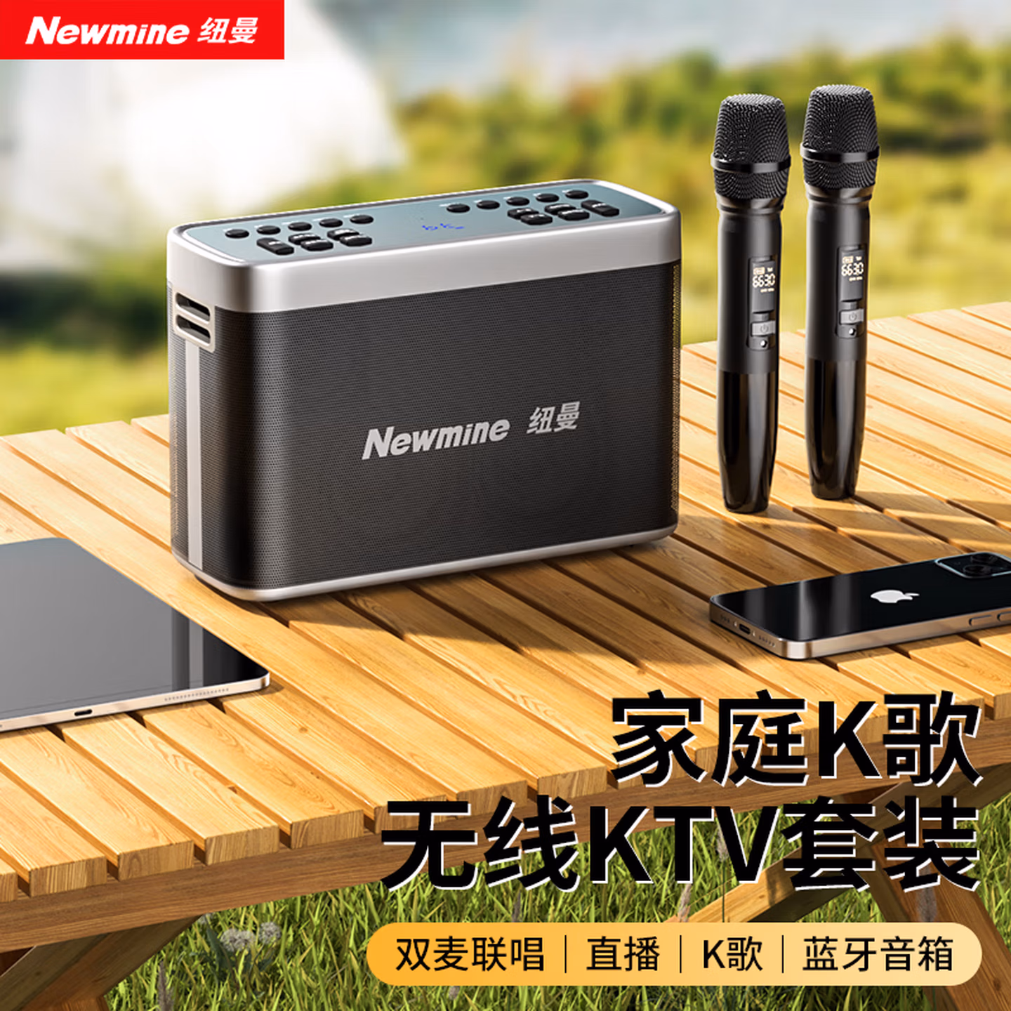 纽曼N505话筒音箱家庭ktv音响套装家用音箱手提便携式话筒K歌麦克风一体机 双麦