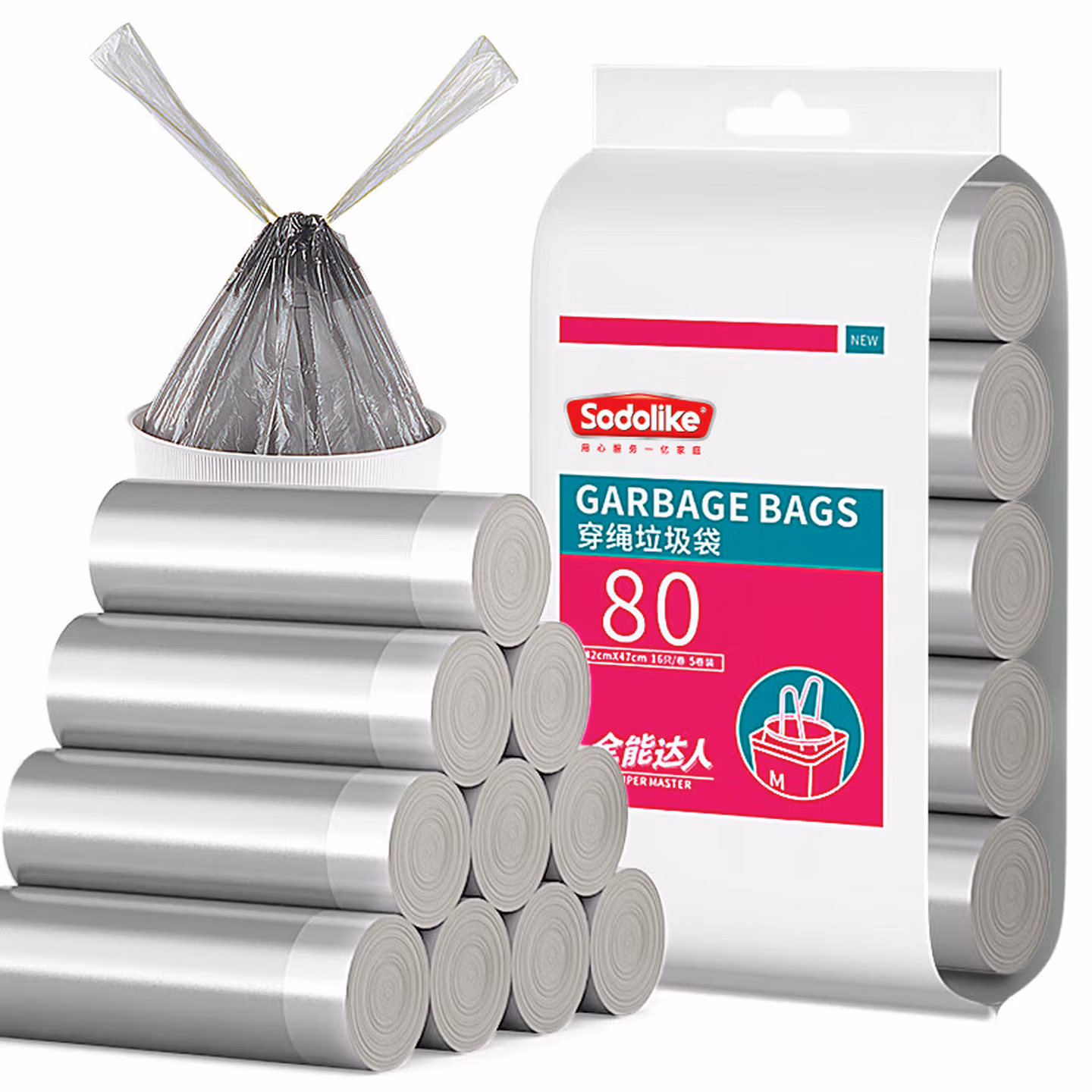 Sodolike尚岛抽绳垃圾袋银色42*47cm80只单面1.1丝点断式手提自动