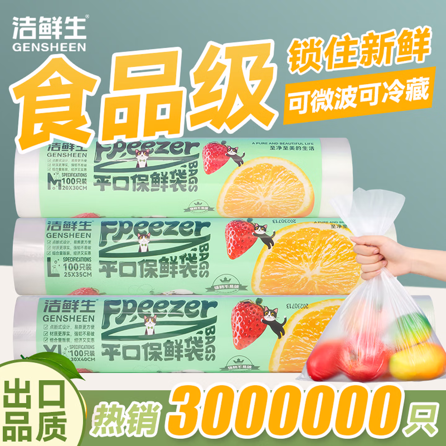 洁鲜生 食品级平口保鲜袋组合装300只 （特大100只+大号100只+中号100只）京东优惠券折后￥9.9包邮