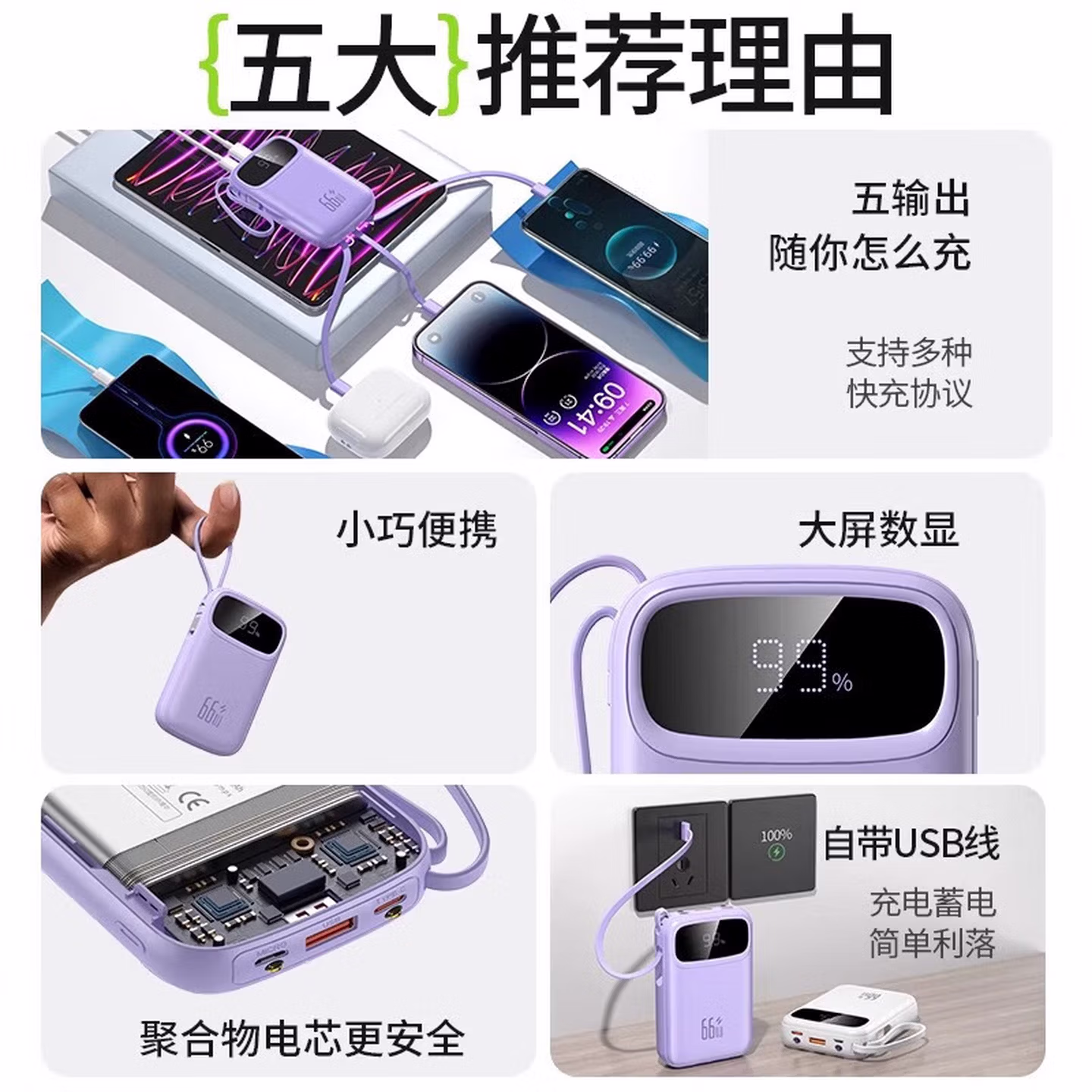 羽能66W快充充电宝20000毫安自带线可上飞机小巧便携BYNETI羽能【国家3