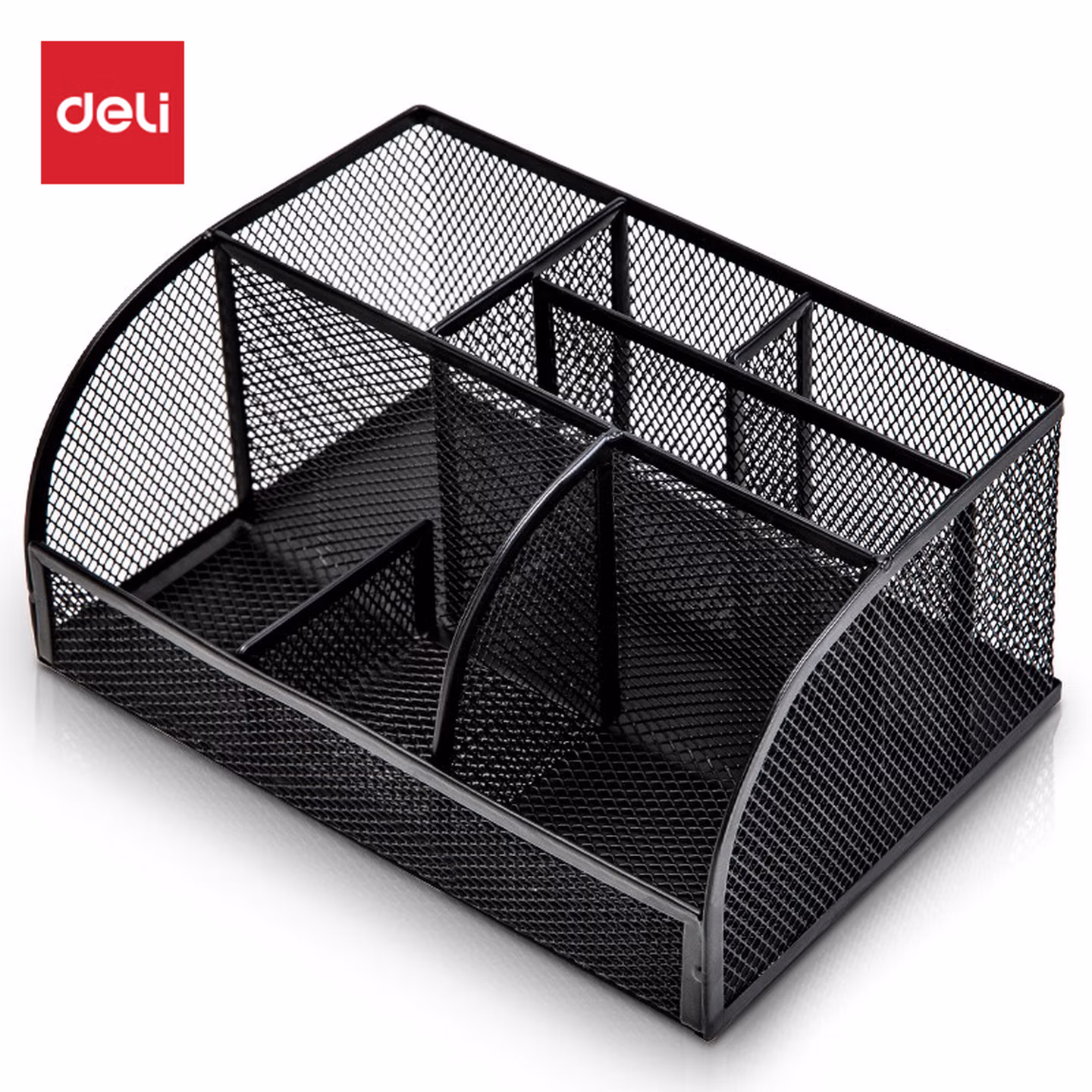 得力(deli)多功能七格组合笔筒 金属网纹桌面收纳盒 办公用品 黑色8903