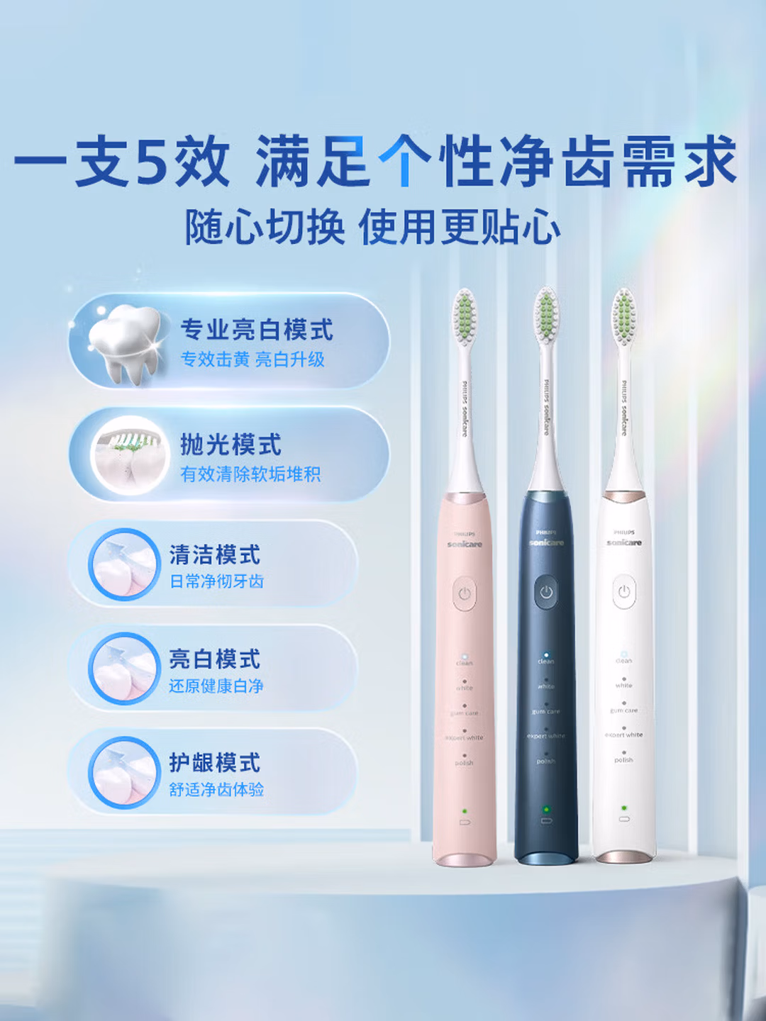 Philips 飞利浦 亮白机皇 S5 PRO HX2481/01 成人声波电动牙刷 京东优惠券折后￥217.36 白色、蓝色可选