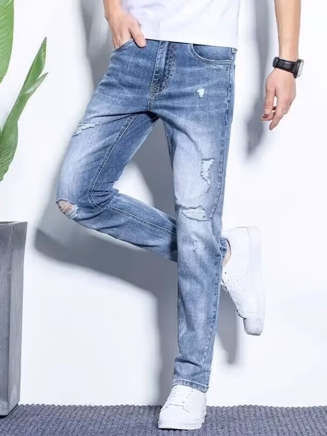 Ripped Jeans Men's 2026 Summer Thin Elastic Slim Straight Casual Pants Korean Trend Beggar Pants, Blue [130-70kg]_mkmklike.com