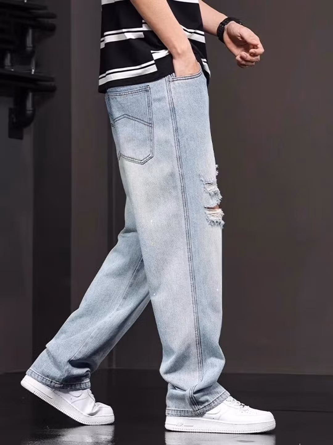 Ripped Jeans Men's 2025 Summer Trendy Brand Loose Straight Casual Pants Personalized Fashion Youth Versatile Beggar Pants, Light Blue 29_mkmklike.com
