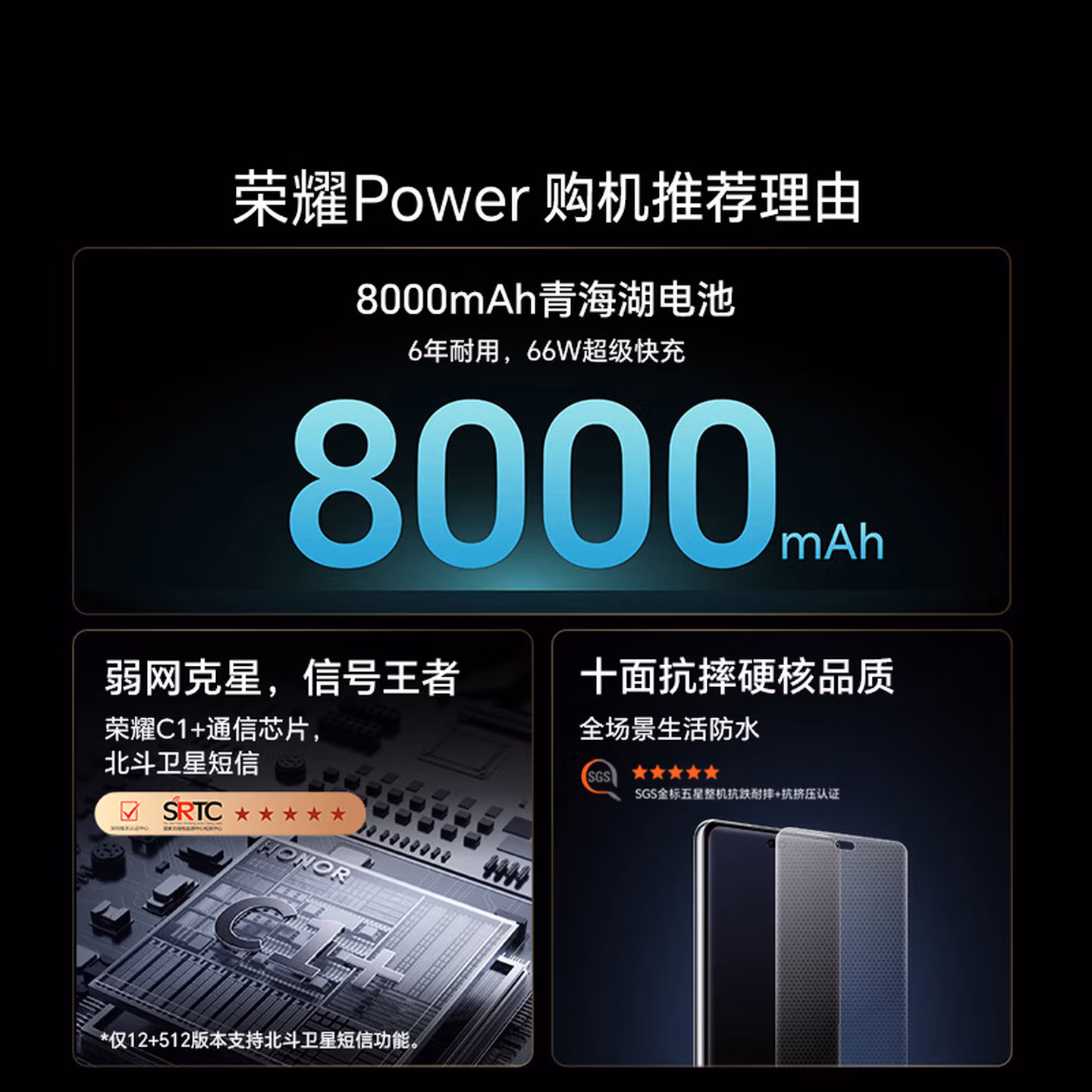 荣耀Power 12 512 幻夜黑 8000mAh青海湖电池 荣耀自研C1 通讯芯片 十面抗摔 AI 5G手机