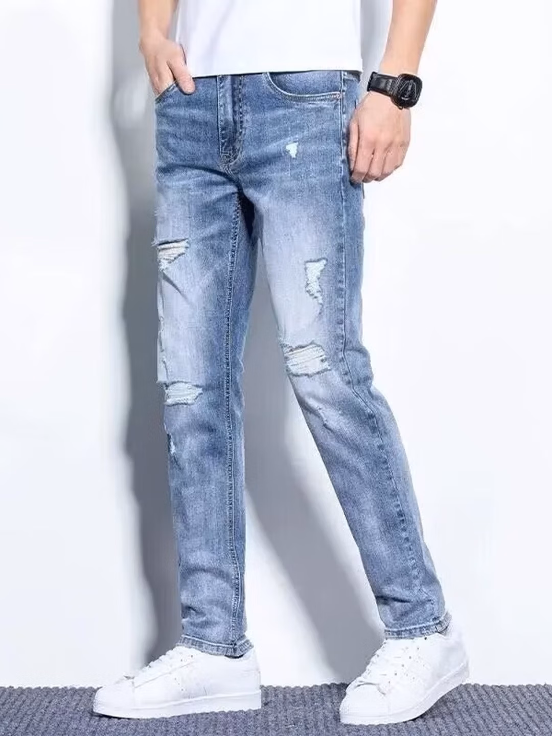 Ripped Jeans Men's 2026 Summer Thin Elastic Slim Straight Casual Pants Korean Trend Beggar Pants, Blue [130-70kg]_mkmklike.com