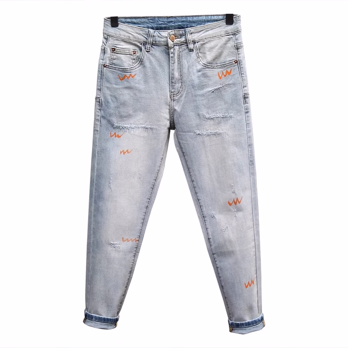 Summer Washed Ripped Jeans Men's Korean Version Of Trend Graffiti Versatile Casual Slim-fit Straight-leg Nine-point Pants, Blue 28_mkmklike.com