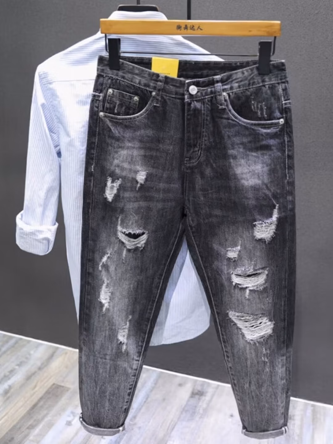 Summer Ripped Jeans Men's Straight Slim-Fit Small Foot Nine-Point Pants Korean Version Trendy Versatile Beggar Casual Pants, Light Blue 29 [100-55kg]_mkmklike.com
