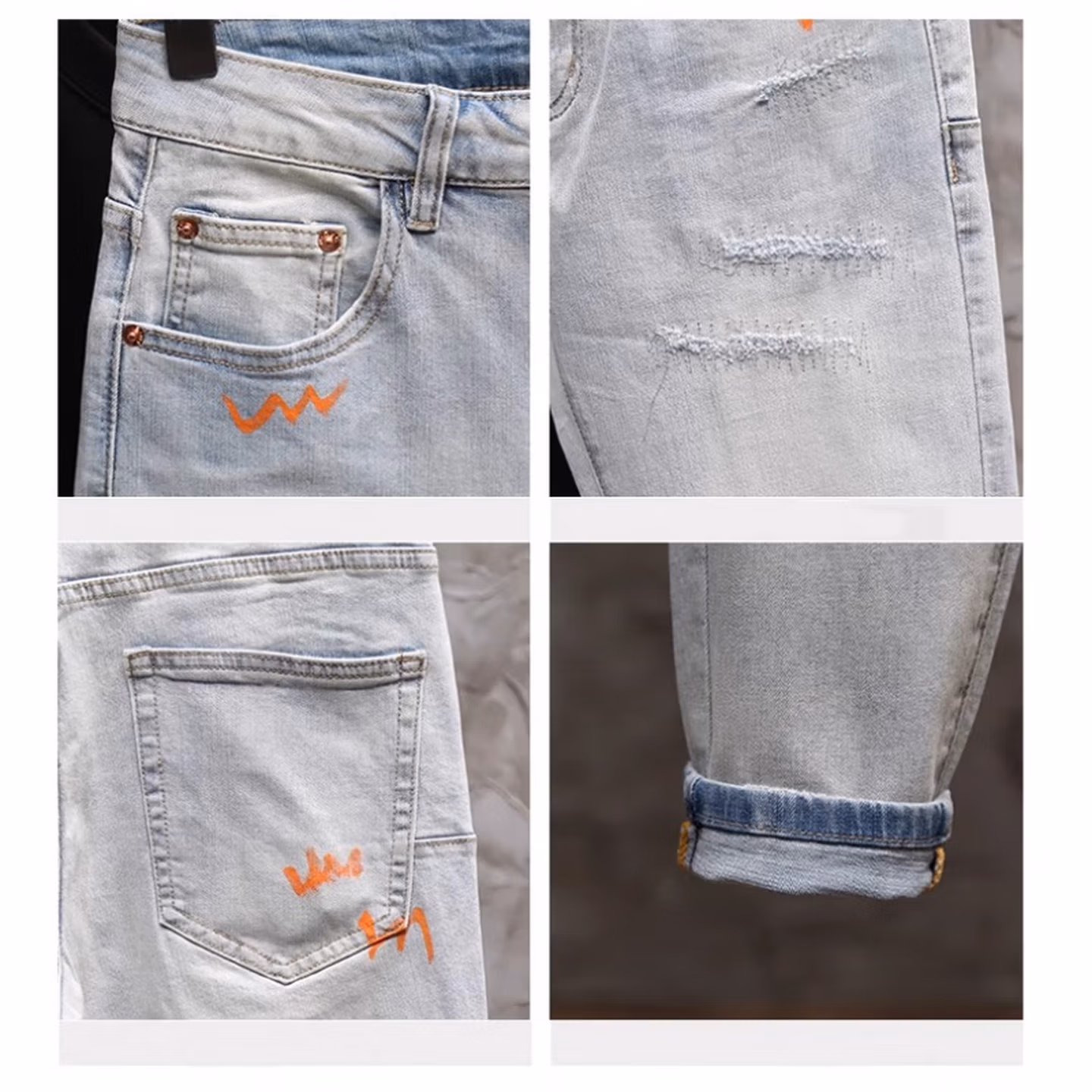 Summer Washed Ripped Jeans Men's Korean Version Of Trend Graffiti Versatile Casual Slim-fit Straight-leg Nine-point Pants, Blue 28_mkmklike.com