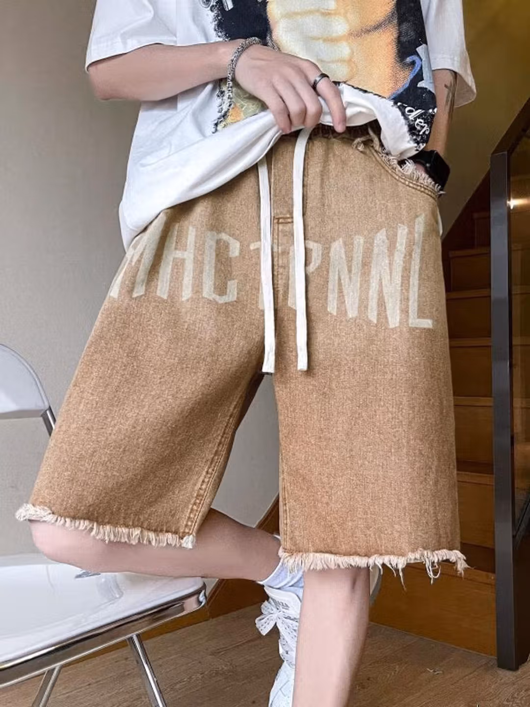 Rough Edge Gradual Change Denim Shorts Men's Summer Loose Straight Wide Leg Five-point Pants American Retro Ruffian Handsome Pants, Brown 2XL_mkmklike.com