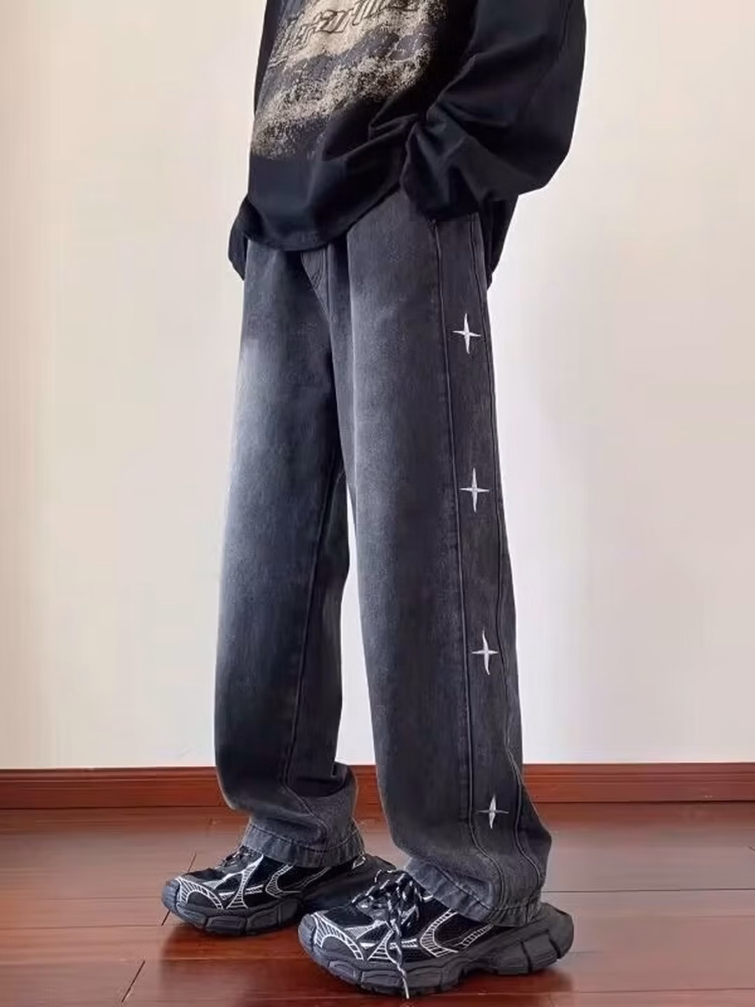 American Retro Star Jeans Men's 2026 Spring New Loose Straight Wide-leg Pants Ruffian Handsome Casual Pants, Blue S_mkmklike.com