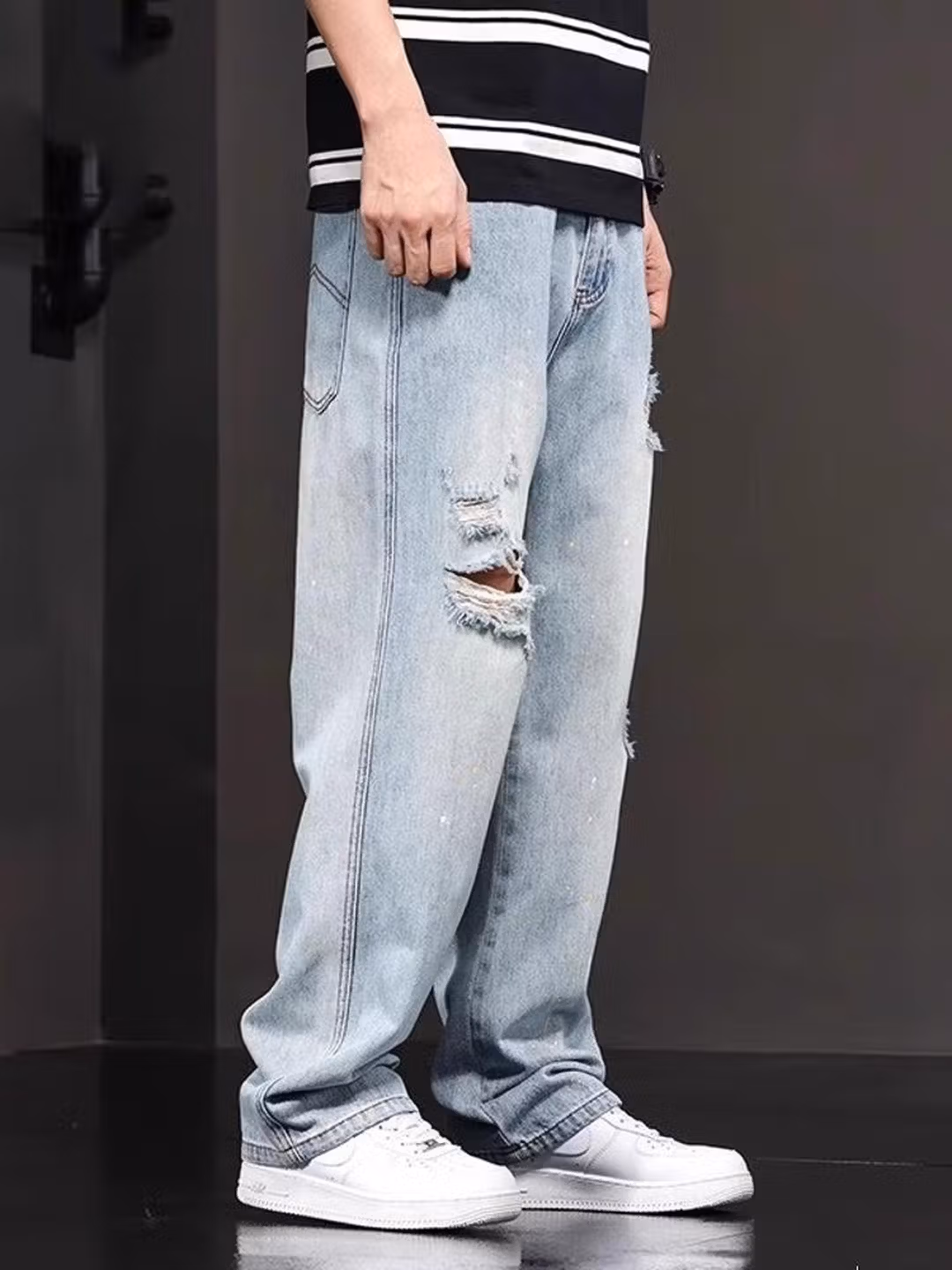 Ripped Jeans Men's 2025 Summer Trendy Brand Loose Straight Casual Pants Personalized Fashion Youth Versatile Beggar Pants, Light Blue 29_mkmklike.com