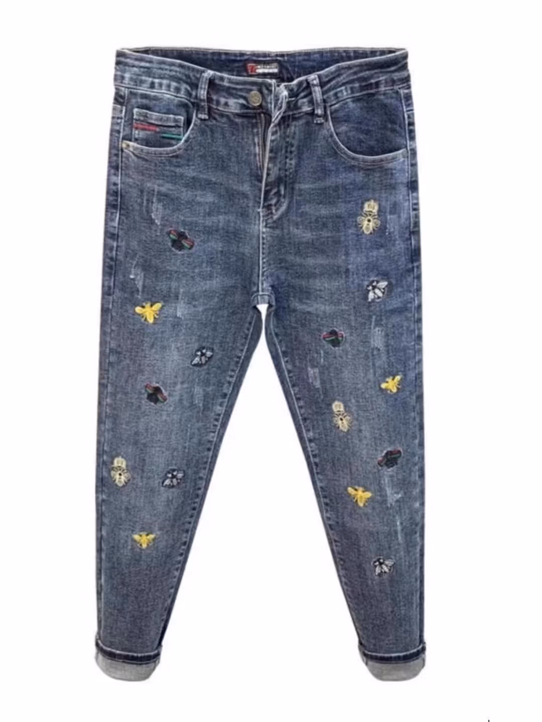 American Retro Little Bee Embroidered Jeans Men's Korean Version Trend Stretch Straight Slim Nine-point Pants, Blue 28_mkmklike.com