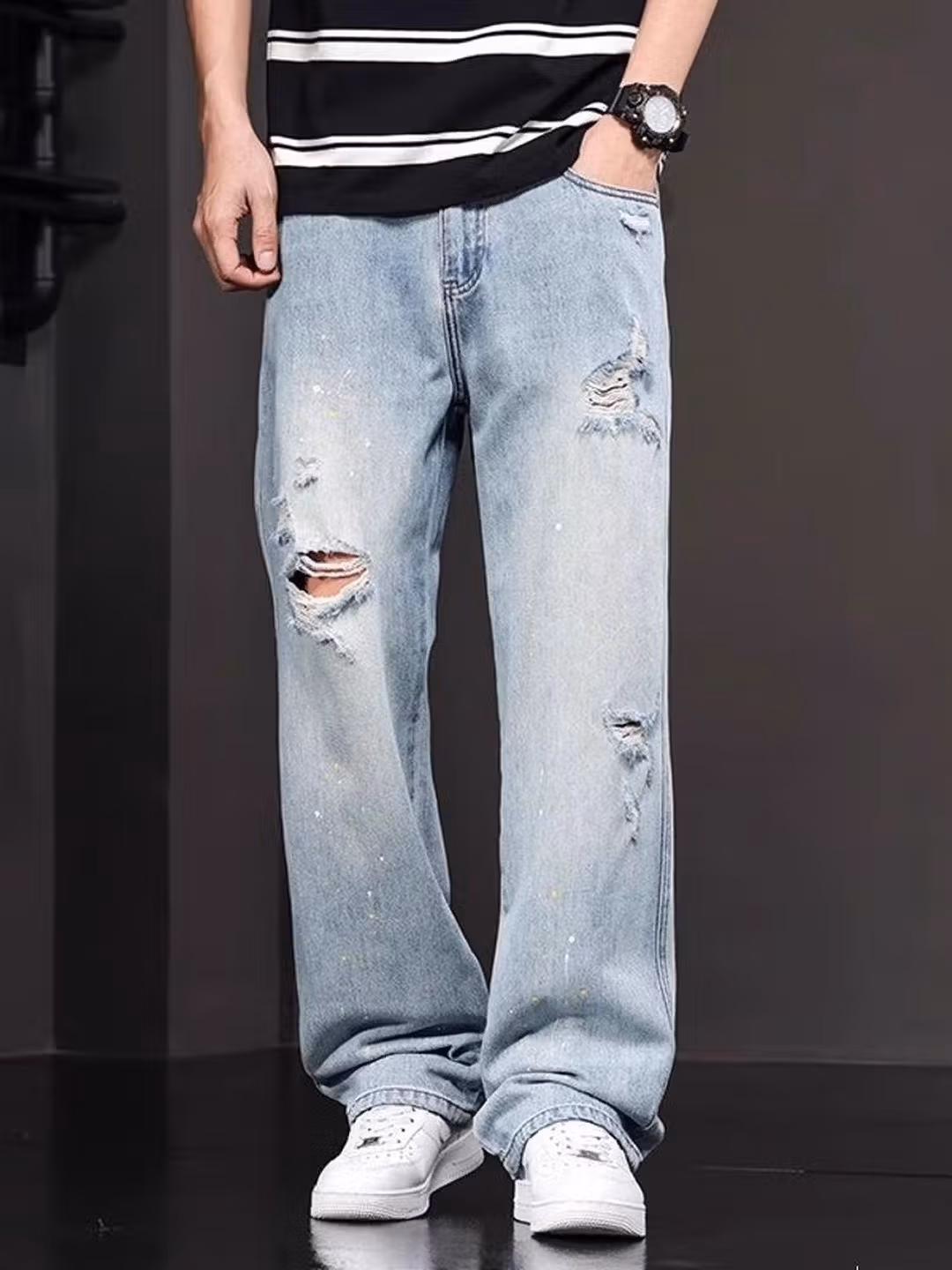 Ripped Jeans Men's 2025 Summer Trendy Brand Loose Straight Casual Pants Personalized Fashion Youth Versatile Beggar Pants, Light Blue 29_mkmklike.com