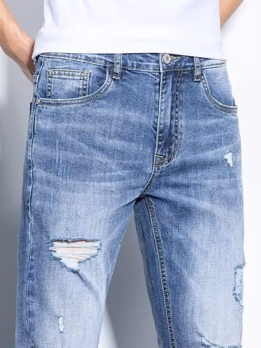 Ripped Jeans Men's 2026 Summer Thin Elastic Slim Straight Casual Pants Korean Trend Beggar Pants, Blue [130-70kg]_mkmklike.com
