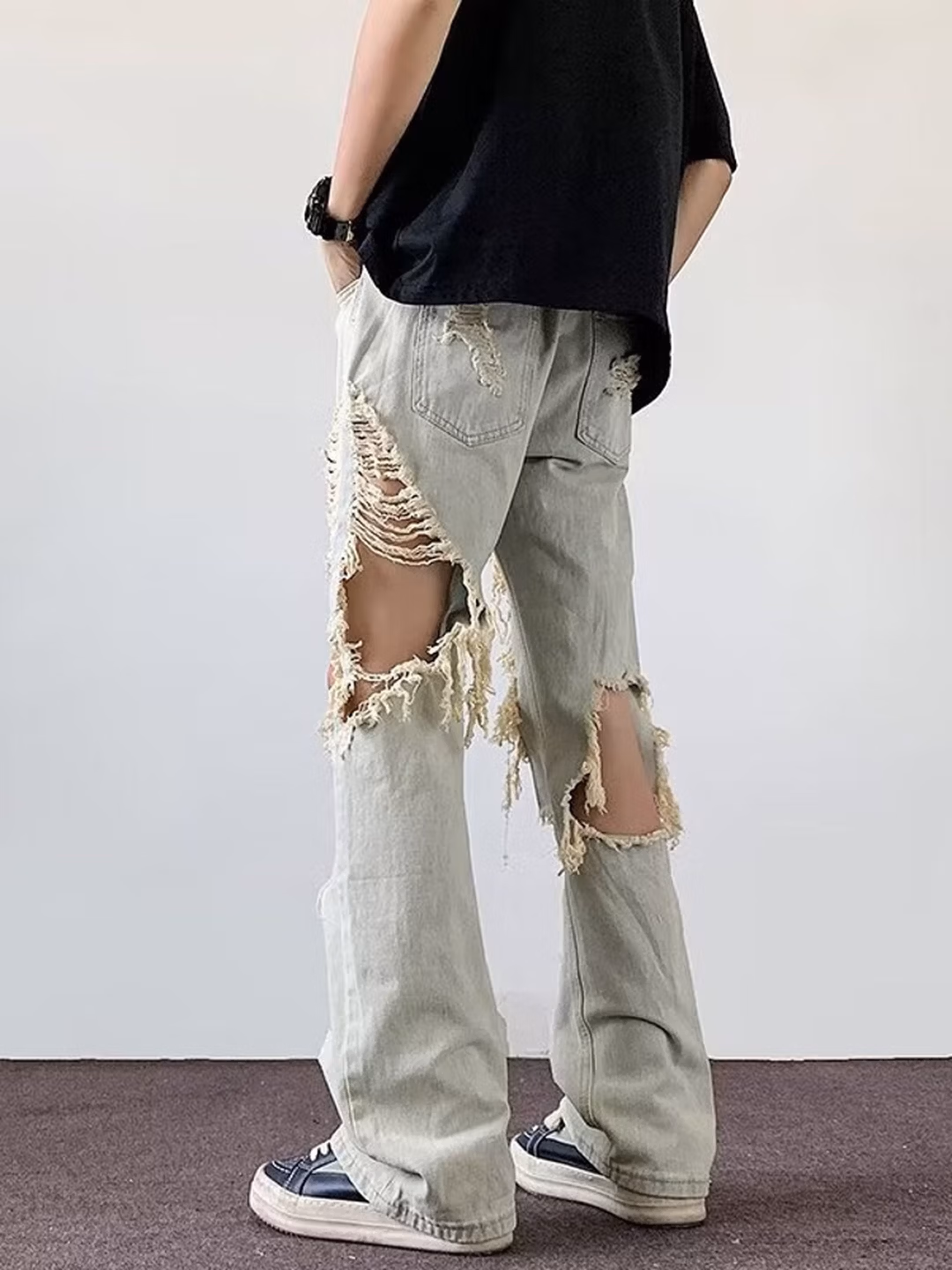 American Retro Ripped Jeans Men's Summer Loose Casual Student Niche Design Sense Beggar Wide-leg Slacks, Black S_viptrois.com