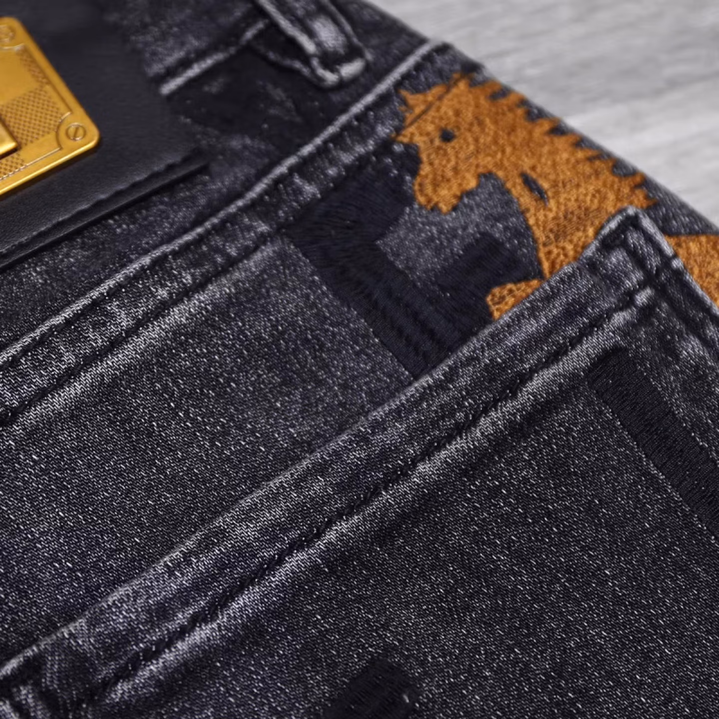 High-end Letter Embroidered Jeans Men's High-end Trendy Brand Handsome Straight Slim-fitting Small Feet Elastic Versatile Casual Pants, Black 28_mkmklike.com