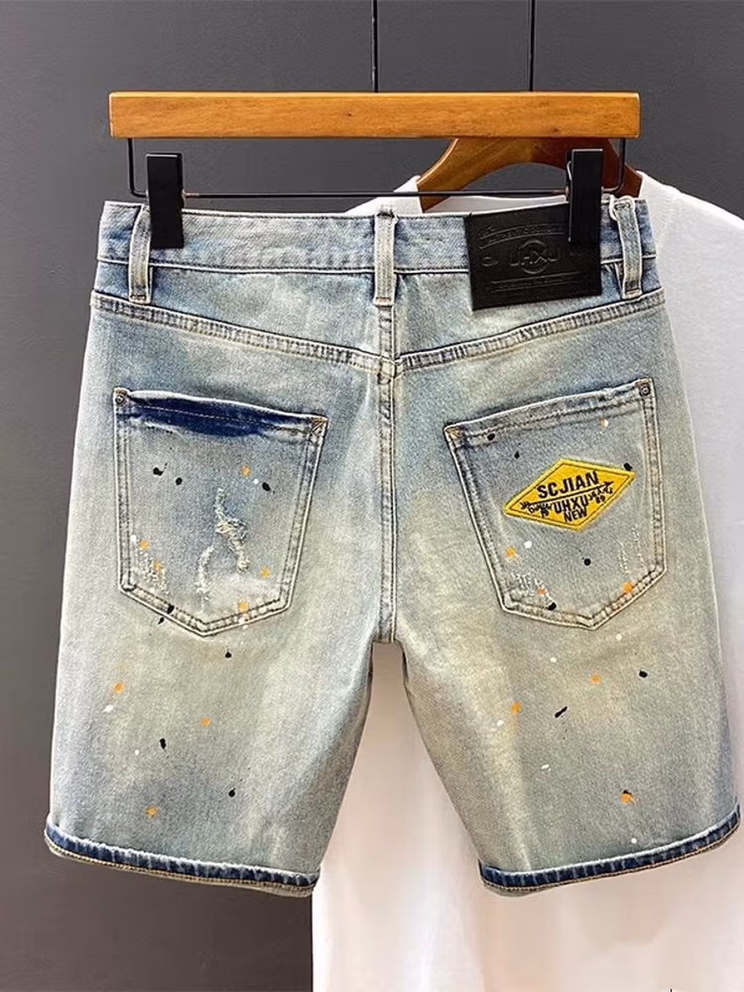 Ink-splashing Denim Shorts Men's Summer American Retro Ripped Beggar Five-point Pants Loose Straight Slim Trendy Pants, Blue 28_mkmklike.com