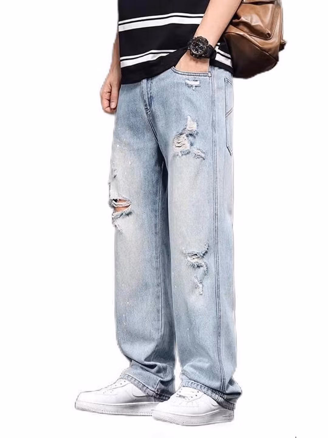 Ripped Jeans Men's 2025 Summer Trendy Brand Loose Straight Casual Pants Personalized Fashion Youth Versatile Beggar Pants, Light Blue 29_mkmklike.com