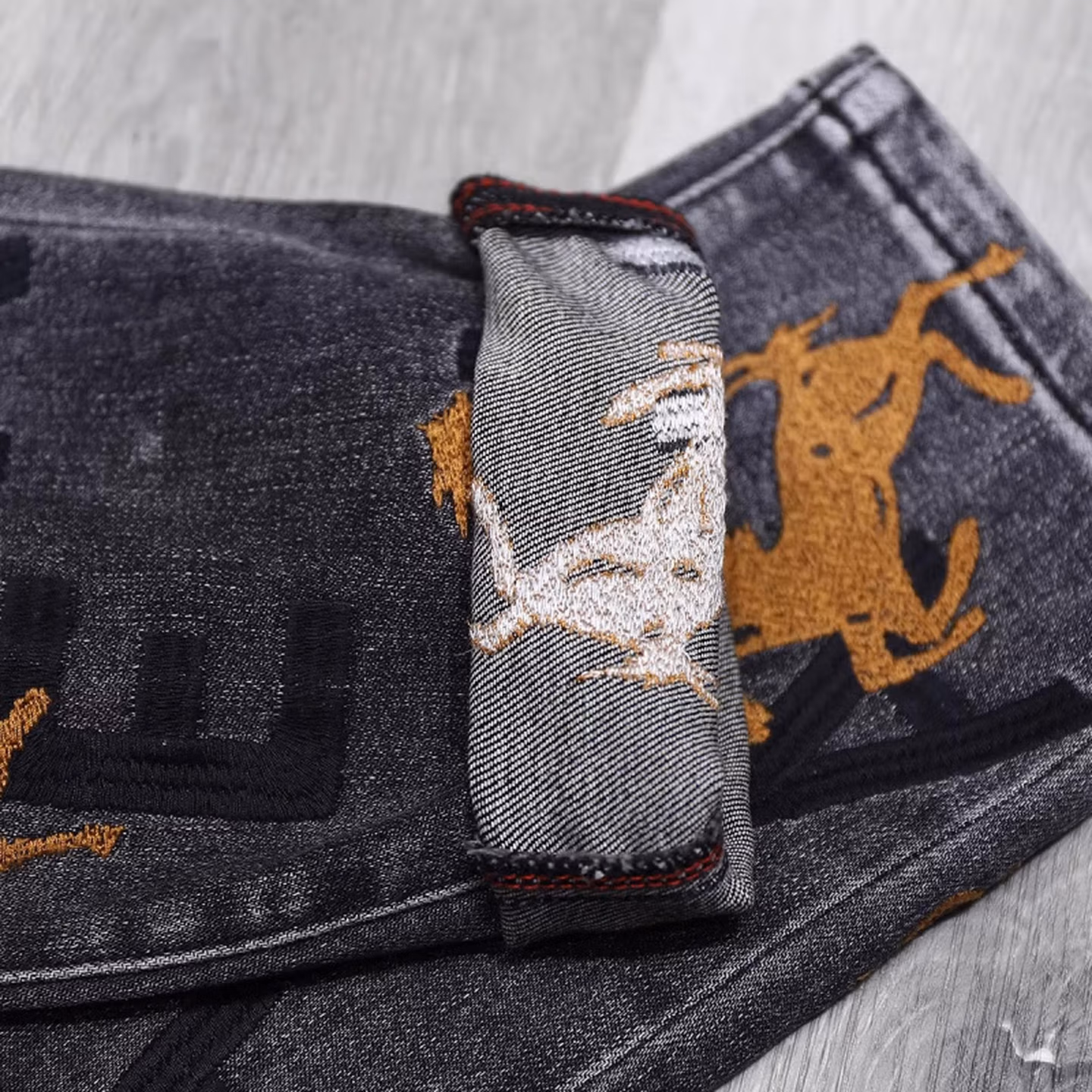 High-end Letter Embroidered Jeans Men's High-end Trendy Brand Handsome Straight Slim-fitting Small Feet Elastic Versatile Casual Pants, Black 28_mkmklike.com