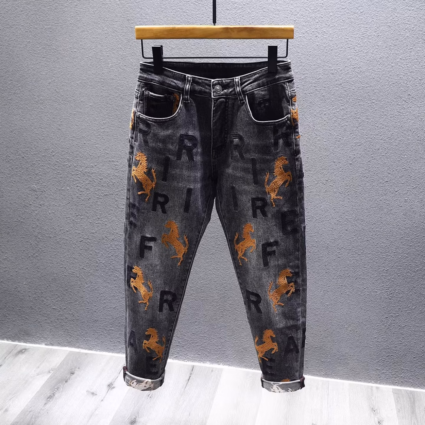 High-end Letter Embroidered Jeans Men's High-end Trendy Brand Handsome Straight Slim-fitting Small Feet Elastic Versatile Casual Pants, Black 28_mkmklike.com