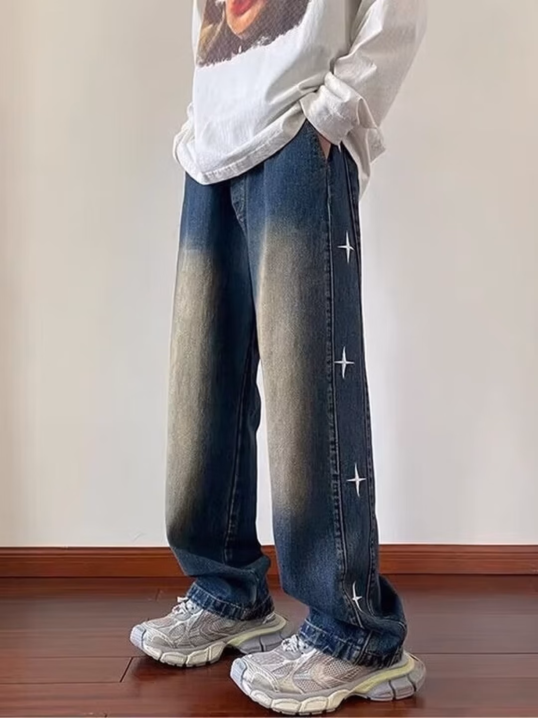 American Retro Star Jeans Men's 2026 Spring New Loose Straight Wide-leg Pants Ruffian Handsome Casual Pants, Blue S_mkmklike.com