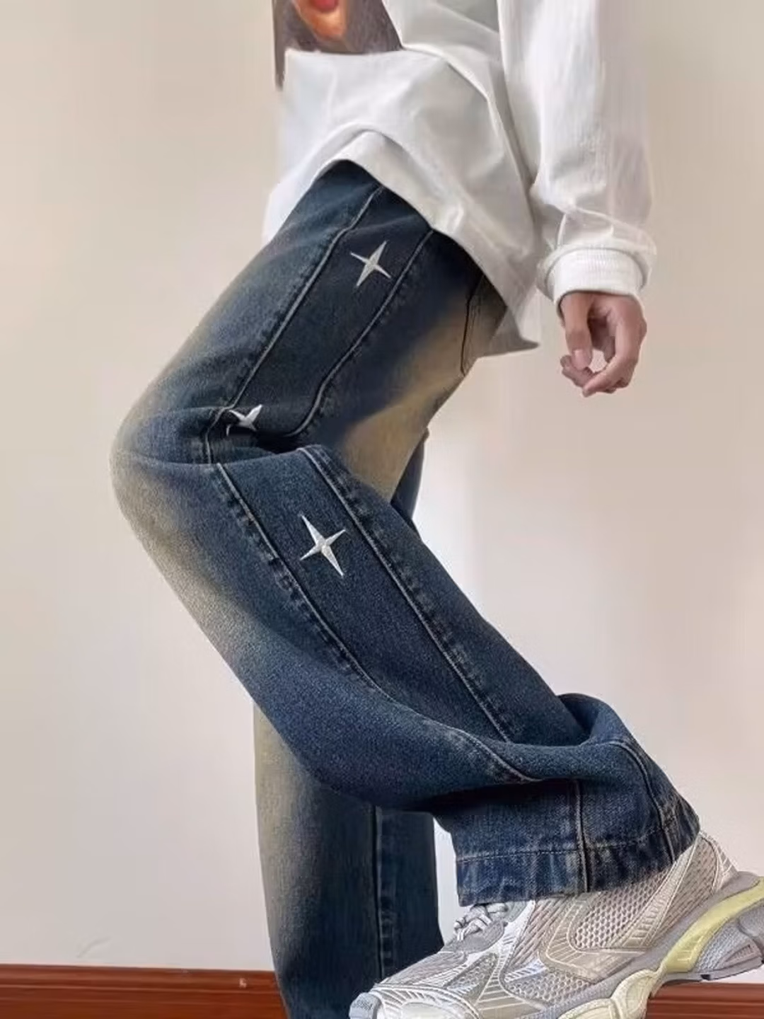 American Retro Star Jeans Men's 2026 Spring New Loose Straight Wide-leg Pants Ruffian Handsome Casual Pants, Blue S_mkmklike.com