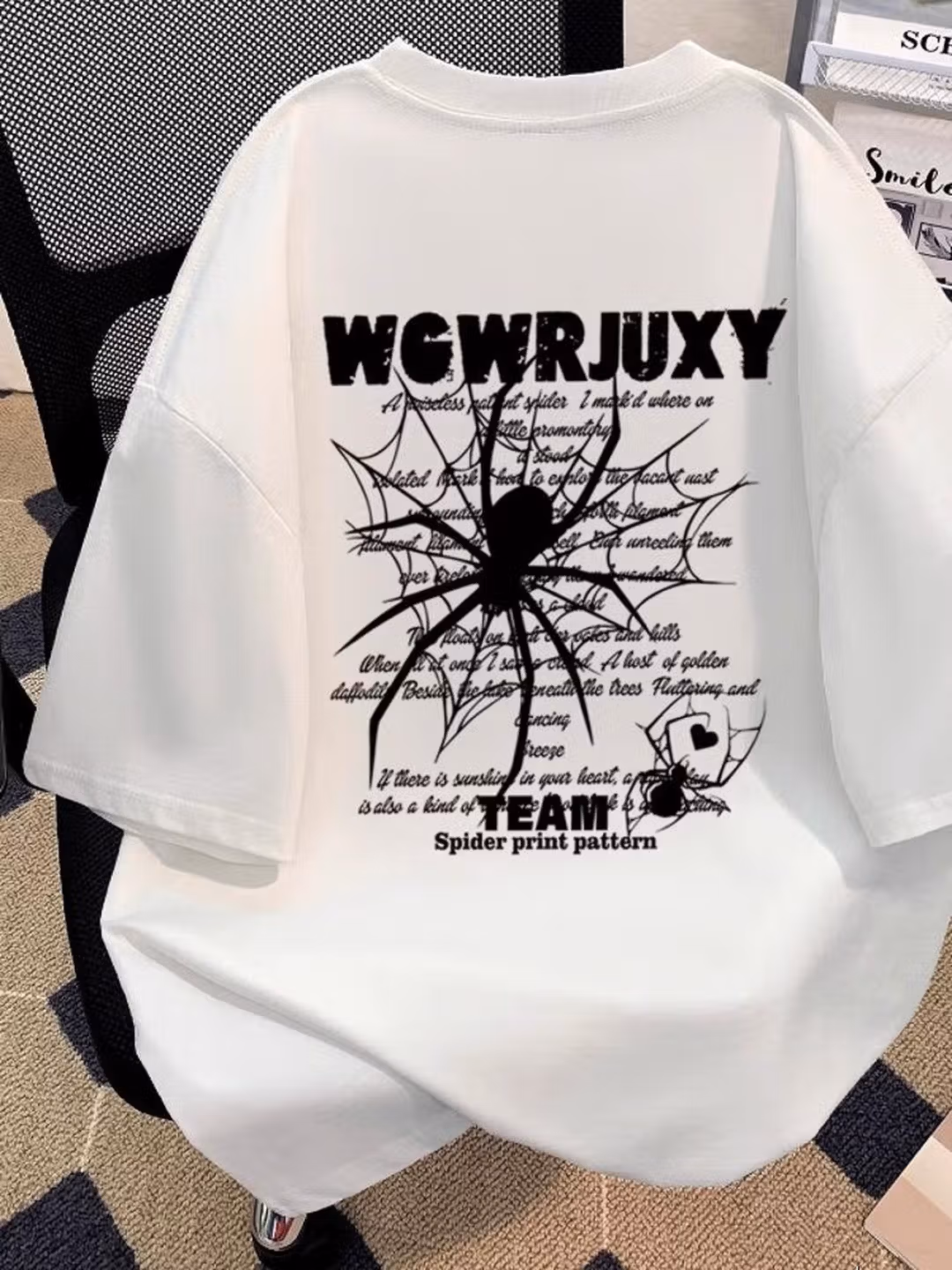 Short-sleeved T-shirt Men's Versatile Trendy Brand Spider-printed Bottoming Shirt American High Street Heavy Cotton Summer Top Half-sleeved, White XL_viptrois.com
