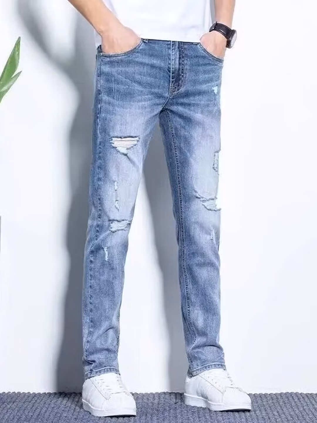 Ripped Jeans Men's 2026 Summer Thin Elastic Slim Straight Casual Pants Korean Trend Beggar Pants, Blue [130-70kg]_mkmklike.com