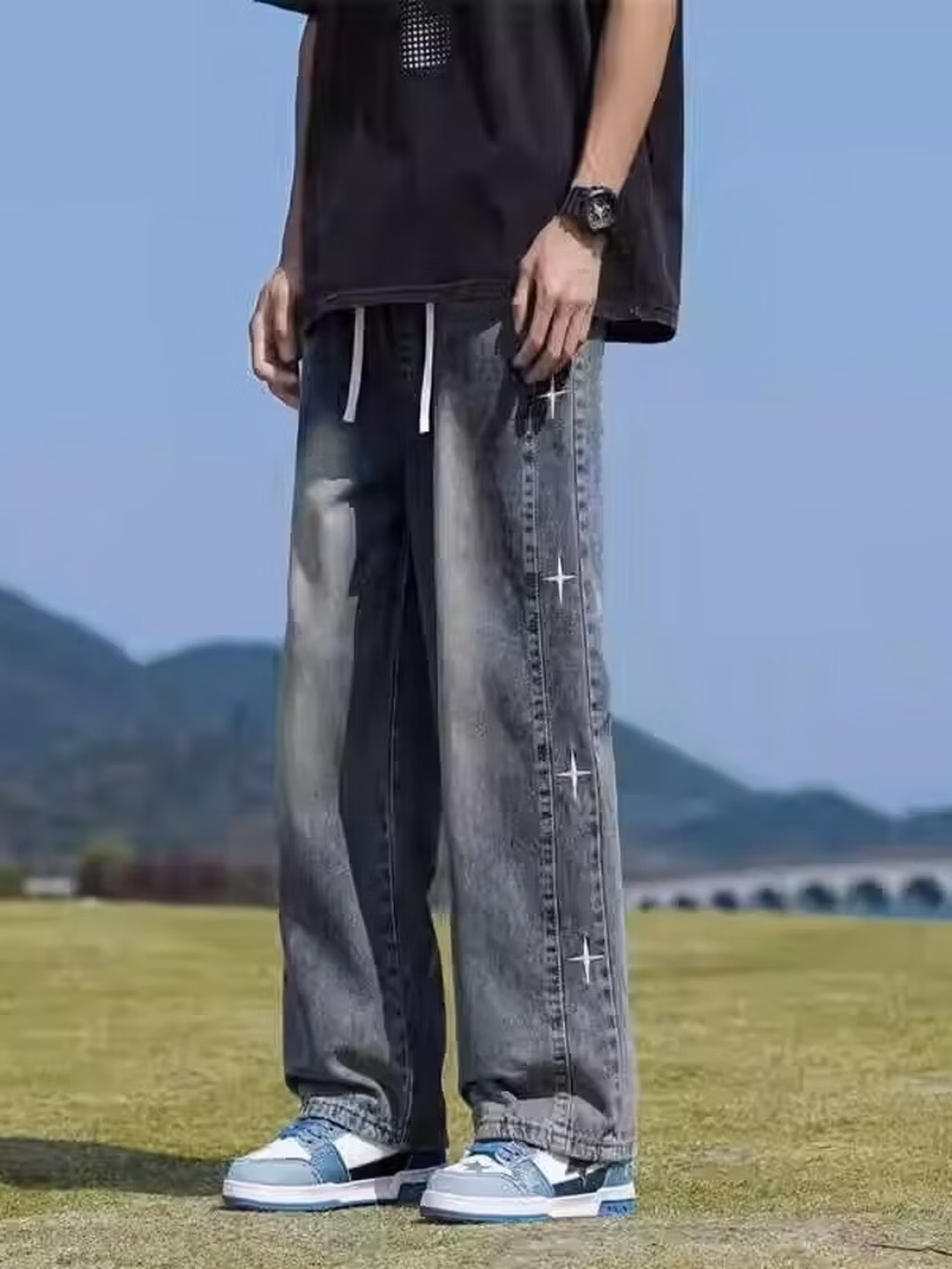 American Retro Star Jeans Men's 2026 Spring New Loose Straight Wide-leg Pants Ruffian Handsome Casual Pants, Blue S_mkmklike.com