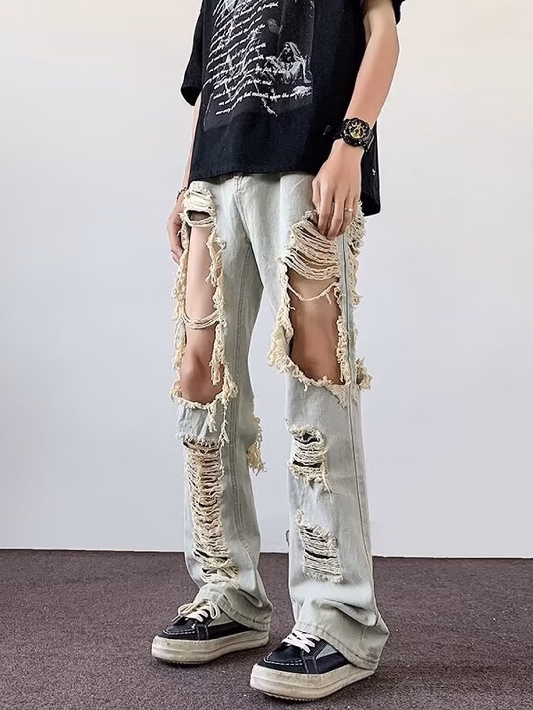 American Retro Ripped Jeans Men's Summer Loose Casual Student Niche Design Sense Beggar Wide-leg Slacks, Black S_viptrois.com