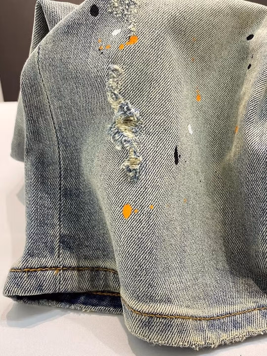 Ink-splashing Denim Shorts Men's Summer American Retro Ripped Beggar Five-point Pants Loose Straight Slim Trendy Pants, Blue 28_mkmklike.com
