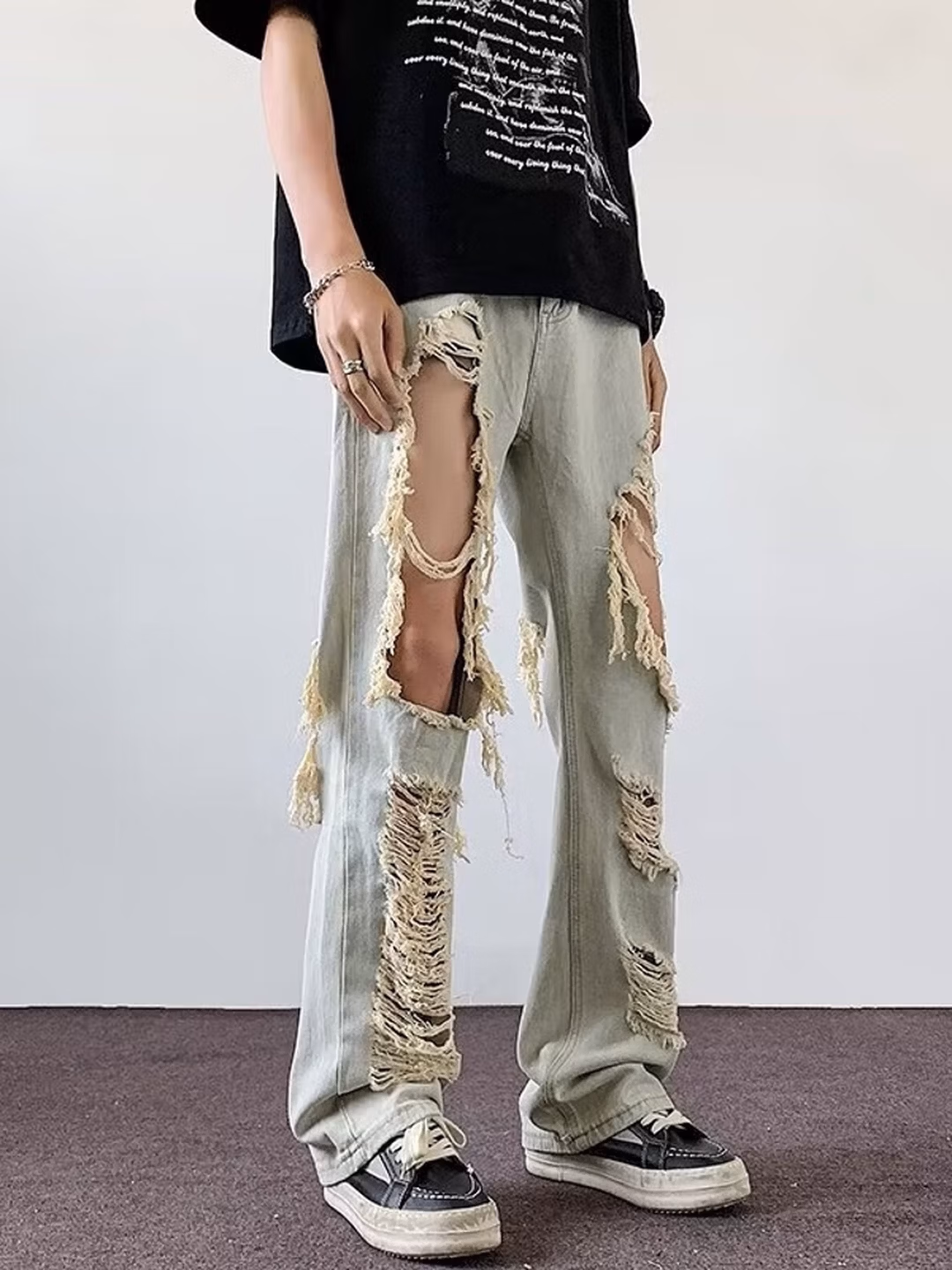 American Retro Ripped Jeans Men's Summer Loose Casual Student Niche Design Sense Beggar Wide-leg Slacks, Black S_viptrois.com