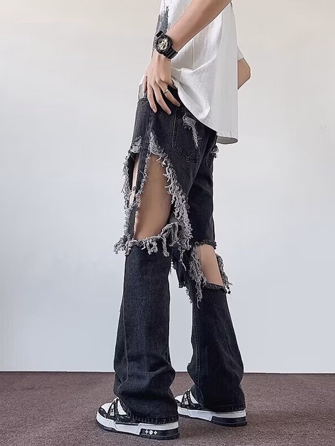 American Retro Ripped Jeans Men's Summer Loose Casual Student Niche Design Sense Beggar Wide-leg Slacks, Black S_viptrois.com