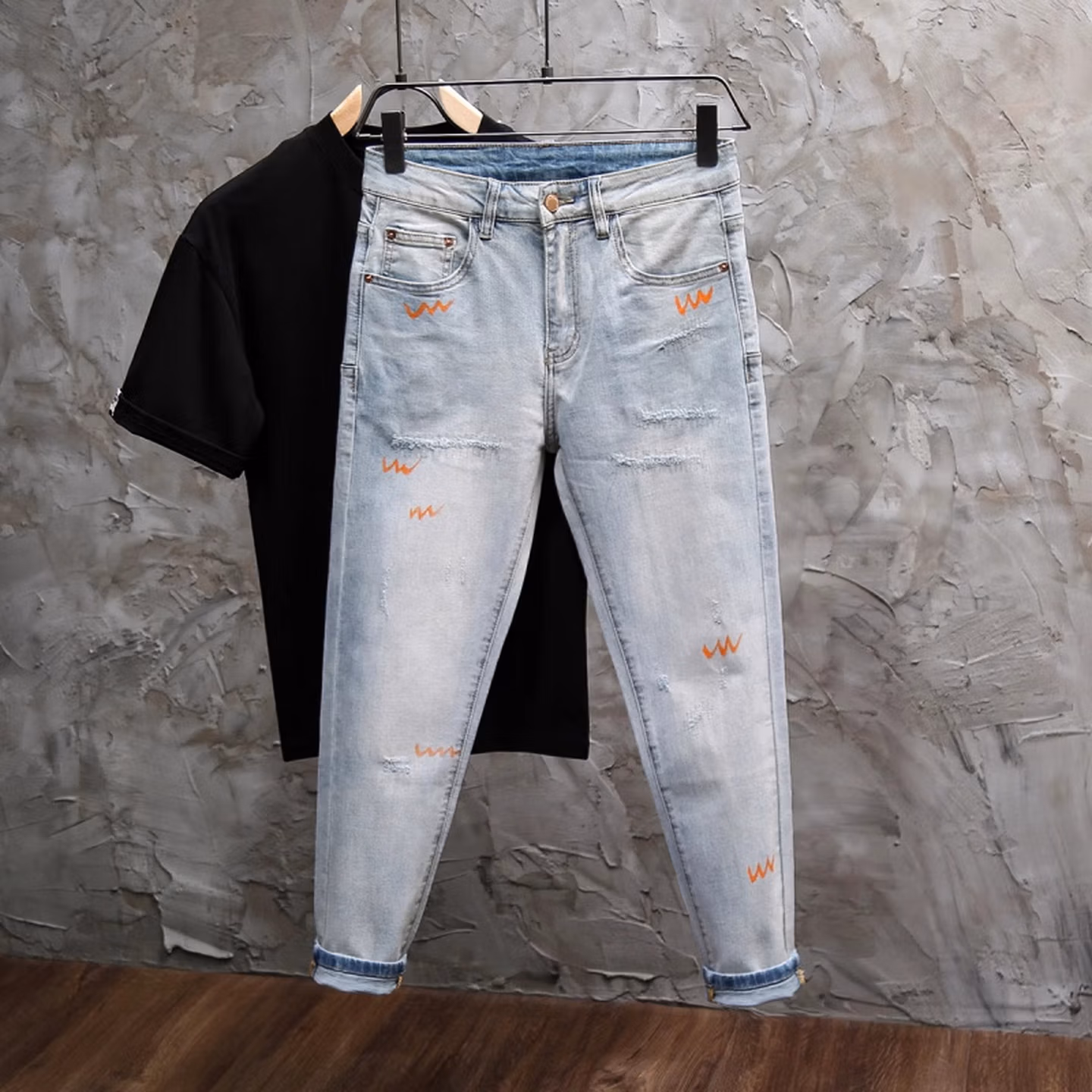 Summer Washed Ripped Jeans Men's Korean Version Of Trend Graffiti Versatile Casual Slim-fit Straight-leg Nine-point Pants, Blue 28_mkmklike.com