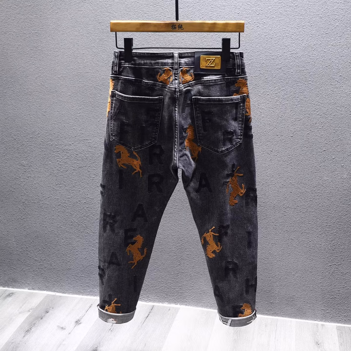 High-end Letter Embroidered Jeans Men's High-end Trendy Brand Handsome Straight Slim-fitting Small Feet Elastic Versatile Casual Pants, Black 28_mkmklike.com