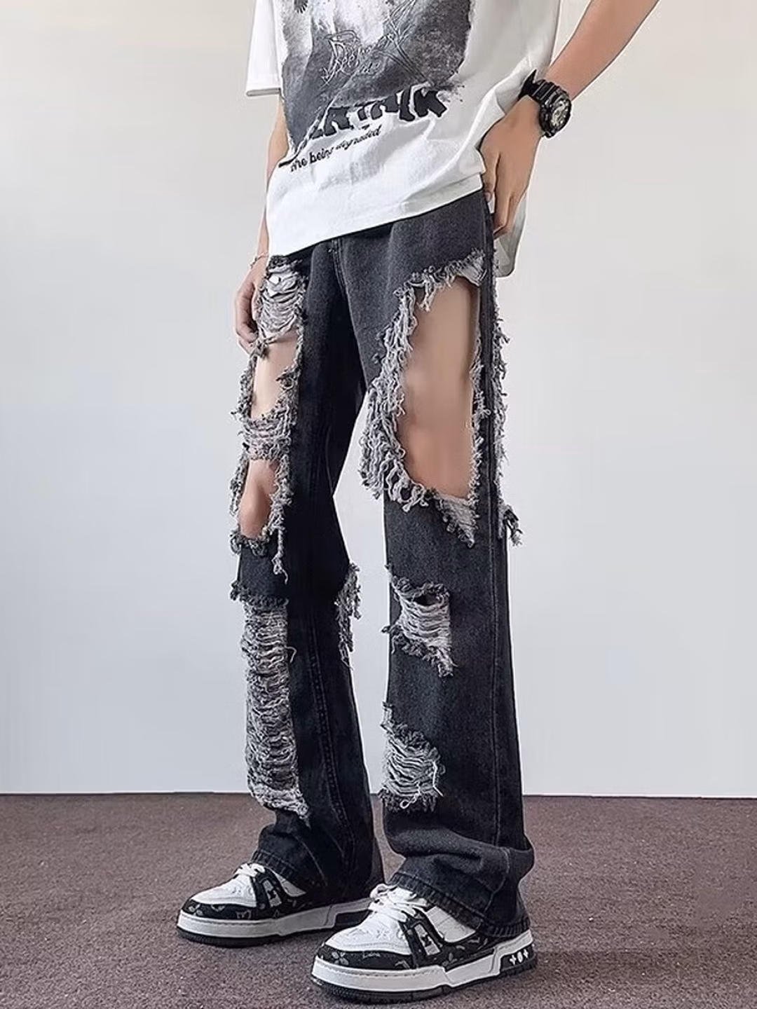 American Retro Ripped Jeans Men's Summer Loose Casual Student Niche Design Sense Beggar Wide-leg Slacks, Black S_viptrois.com