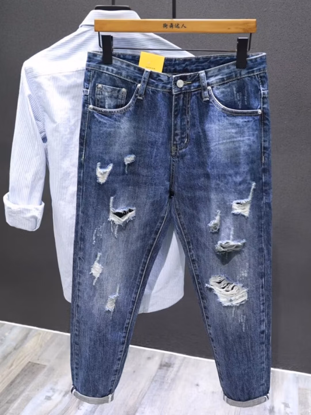 Summer Ripped Jeans Men's Straight Slim-Fit Small Foot Nine-Point Pants Korean Version Trendy Versatile Beggar Casual Pants, Light Blue 29 [100-55kg]_mkmklike.com