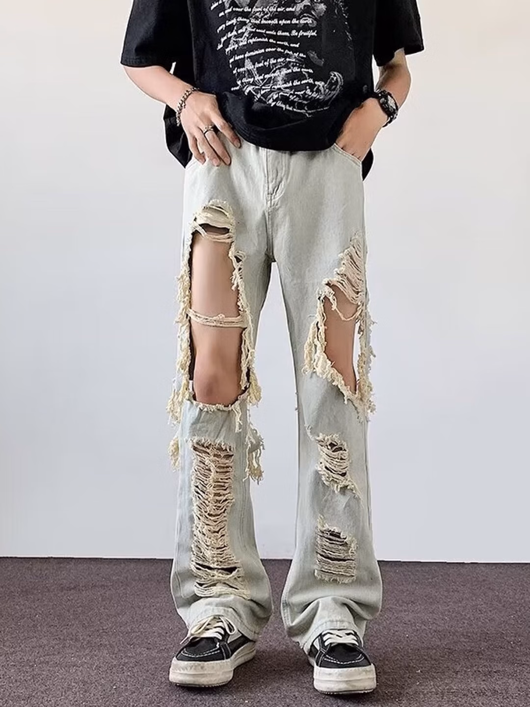 American Retro Ripped Jeans Men's Summer Loose Casual Student Niche Design Sense Beggar Wide-leg Slacks, Black S_viptrois.com