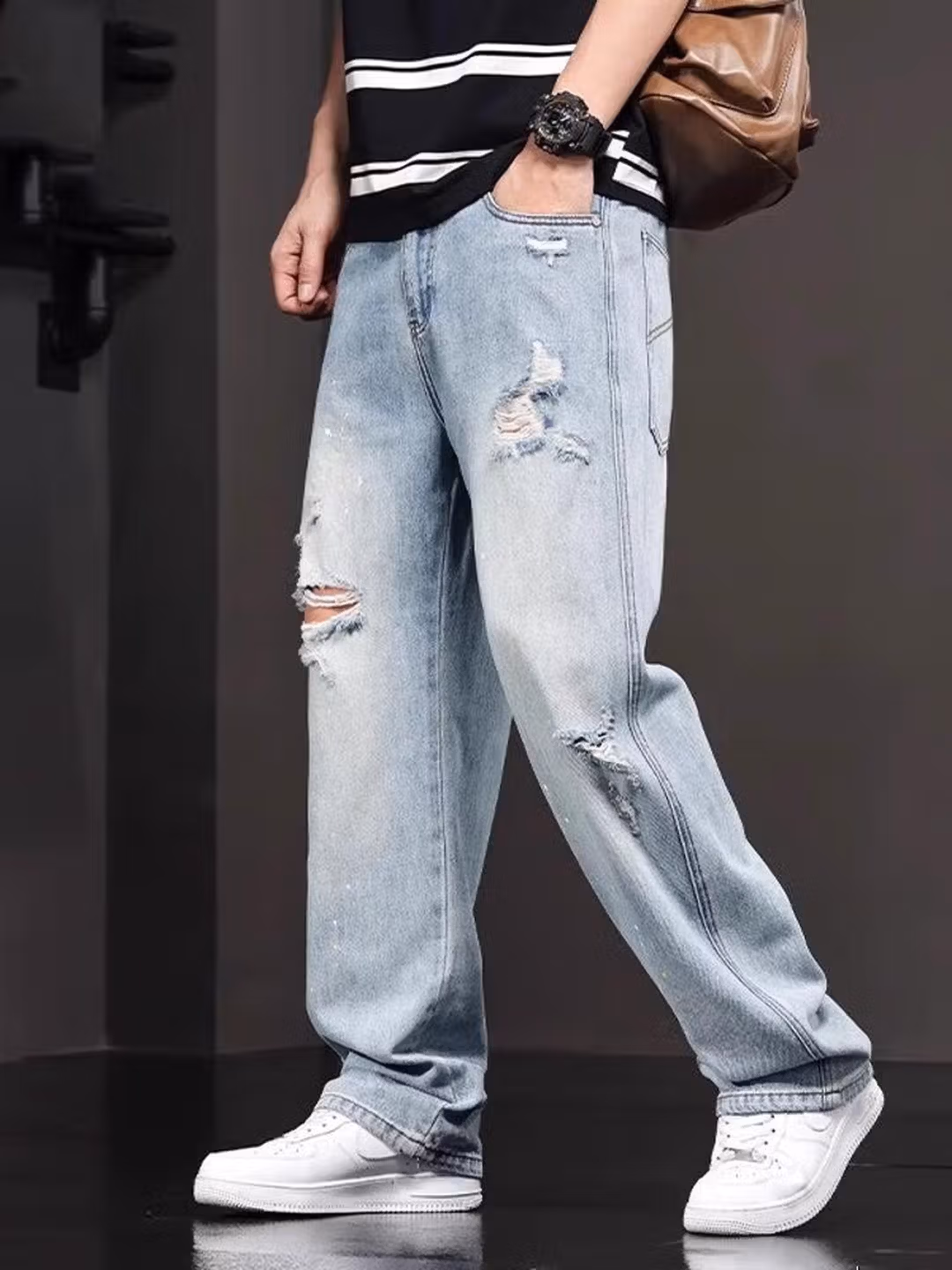 Ripped Jeans Men's 2025 Summer Trendy Brand Loose Straight Casual Pants Personalized Fashion Youth Versatile Beggar Pants, Light Blue 29_mkmklike.com