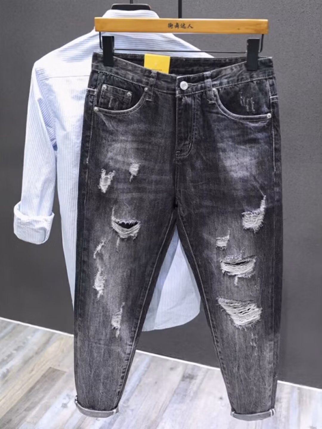 Summer Ripped Jeans Men's Straight Slim-Fit Small Foot Nine-Point Pants Korean Version Trendy Versatile Beggar Casual Pants, Light Blue 29 [100-55kg]_mkmklike.com