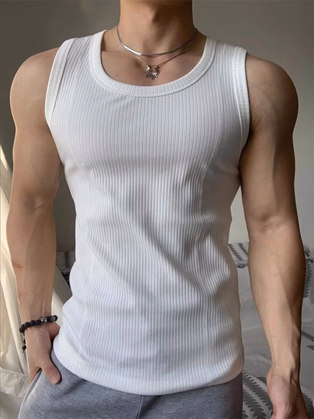 Ice Silk Threaded Vest Men's Summer Slim Fit Muscle Sleeveless T-Shirt American Fitness Undershirt, White XL_viptrois.com