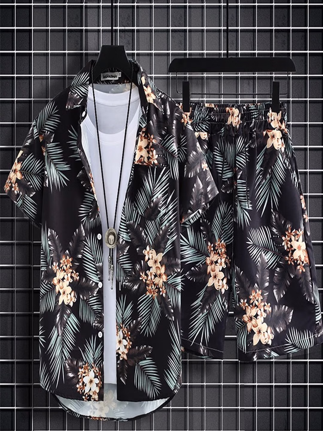 Casual Printed Shirt Men's Summer Beach Shorts Short-sleeved Two-piece Suit Loose Trend Handsome Hawaiian Vacation Shirt Men_viptrois.com