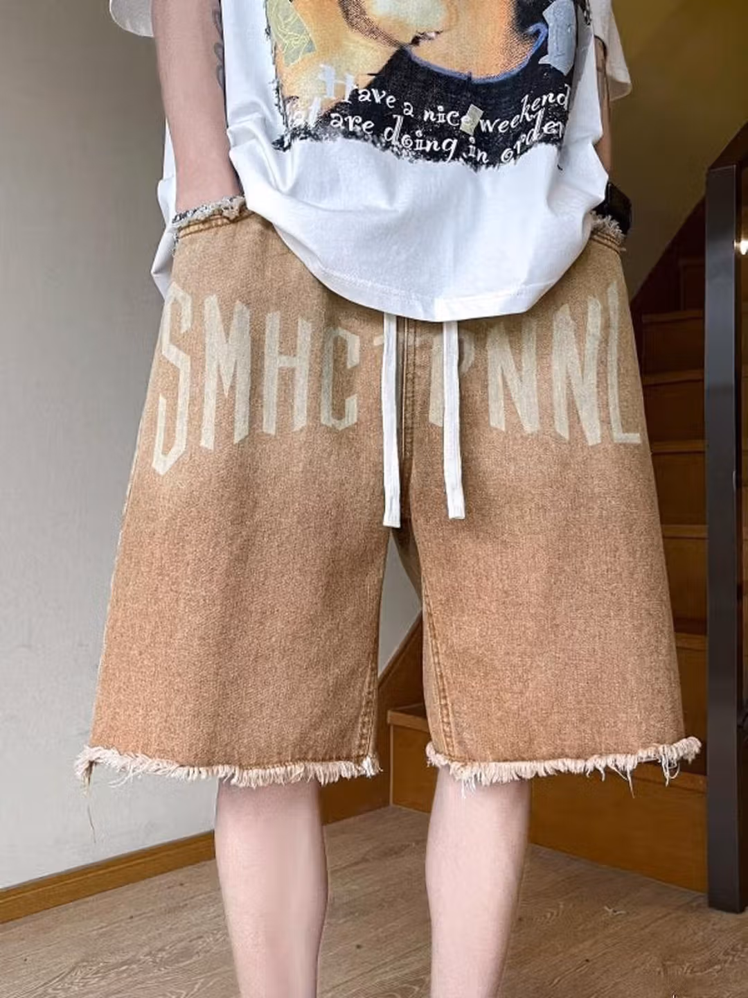 Rough Edge Gradual Change Denim Shorts Men's Summer Loose Straight Wide Leg Five-point Pants American Retro Ruffian Handsome Pants, Brown 2XL_mkmklike.com
